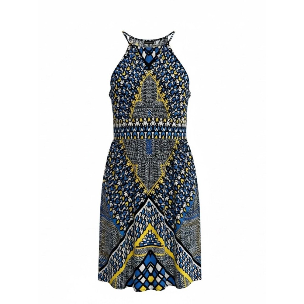 London Times Blue, Yellow & Black Halter Midi Dress - Size 8